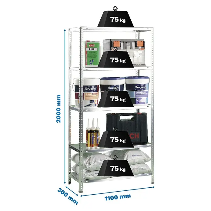 Simonrack Simonclassic Estantería metálica Advantage Superplus - Al x An x Pr: 200 x 110 x 30 cm, Capacidad de carga por balda: 75 kg, Número de baldas: 5 ud., Atornillado, Galvanizado - Estantería metálica galvanizada de cinco niveles, 2000x1100x300mm, cada balda soporta hasta 75 kg.