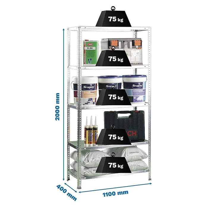 Simonrack Simonclassic Estantería metálica Advantage Superplus - Al x An x Pr: 200 x 110 x 40 cm, Capacidad de carga por balda: 75 kg, Número de baldas: 5 ud., Atornillado, Galvanizado - Estantería metálica galvanizada, 2000x1100x400 mm, con cinco baldas, 75 kg c/u.