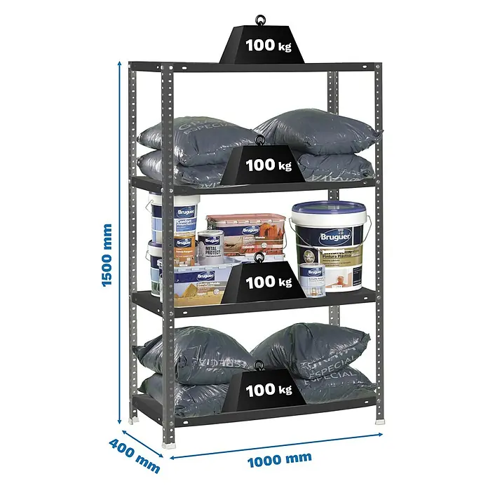 Simonrack Simonclassic Estantería metálica Comfort Plus - Al x An x Pr: 150 x 100 x 40 cm, Capacidad de carga por balda: 100 kg, Número de baldas: 4 ud., Atornillado, Antracita - Estantería metálica gris oscuro con cuatro baldas, indicando 100 kg de capacidad de carga por balda, mide 1500x1000x400 mm.