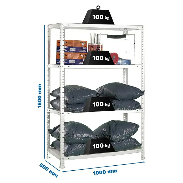 Simonrack Simonclassic Estantería metálica Comfort Plus - Al x An x Pr: 150 x 100 x 50 cm, Capacidad de carga por balda: 100 kg, Número de baldas: 4 ud., Atornillado, Galvanizado - Estantería metálica gris claro de cuatro baldas, 1500x1000x500mm, con 100kg de carga por balda.