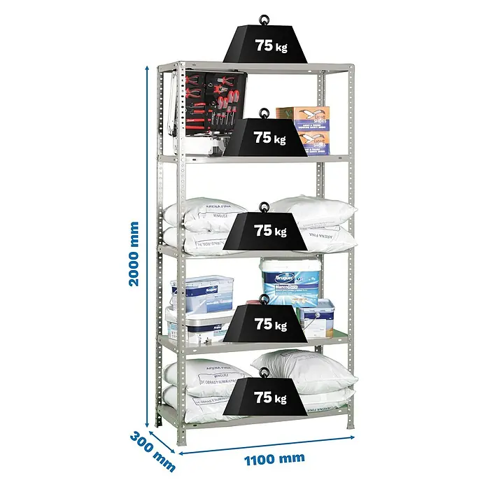 Simonrack Simonclassic Estantería metálica Advantage Superplus - Al x An x Pr: 180 x 110 x 30 cm, Capacidad de carga por balda: 75 kg, Número de baldas: 5 ud., Atornillado, Gris - Estantería metálica gris, 2000x1100x300mm, con 6 estantes, cada uno soporta 75kg.
