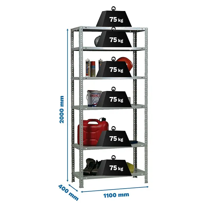 Simonrack Simonclassic Estantería metálica Advantage Superplus - Al x An x Pr: 200 x 110 x 40 cm, Capacidad de carga por balda: 75 kg, Número de baldas: 6 ud., Atornillado, Galvanizado - Estantería metálica gris de 6 baldas, 2000x1100x400 mm, con capacidad de 75 kg por balda.