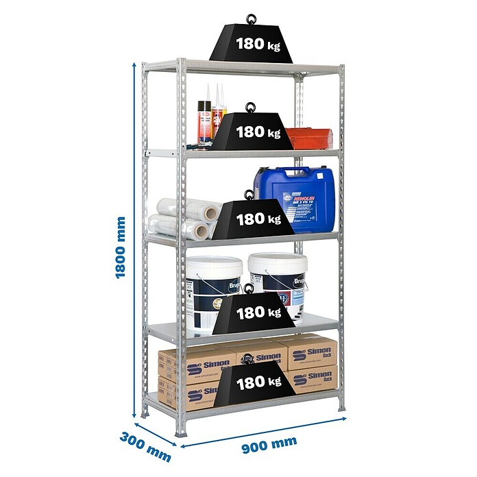 Simonrack Simonclick Estantería metálica (Al x An x Pr: 180 x 90 x 30 cm, Capacidad de carga por balda: 180 kg, Número de baldas: 5 ud., Inserción, Gris/Galvanizado) | BAUHAUS
