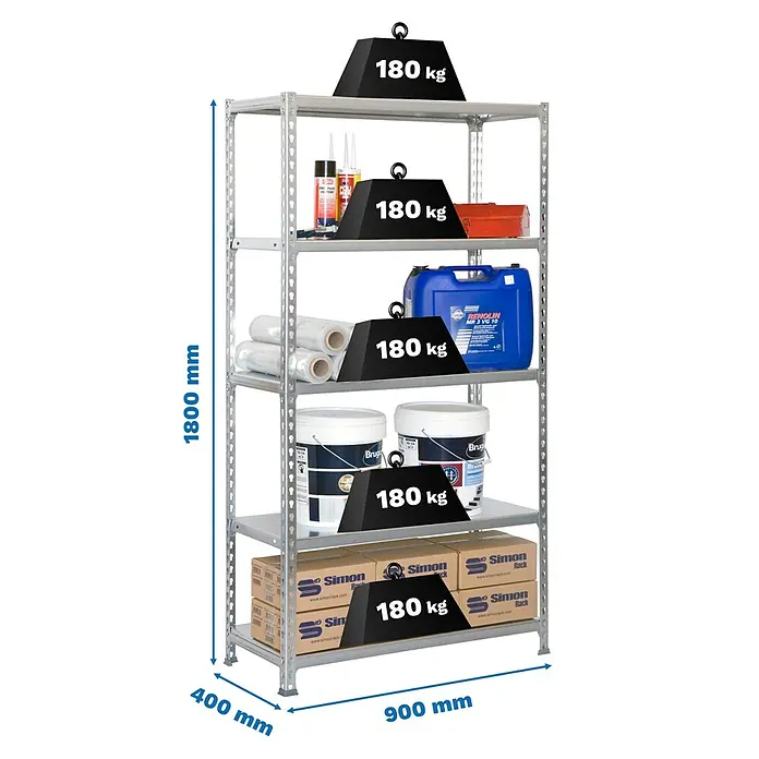Simonrack Simonclick Estantería metálica - Al x An x Pr: 180 x 90 x 40 cm, Capacidad de carga por balda: 180 kg, Número de baldas: 5 ud., Inserción, Gris/Galvanizado - Estantería de acero galvanizado, 1800x900x400 mm, con cinco baldas, 180 kg por balda.