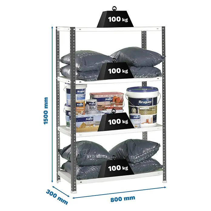 Simonrack Simonclassic Estantería metálica Comfort Mini - Al x An x Pr: 150 x 80 x 30 cm, Capacidad de carga por balda: 100 kg, Número de baldas: 4 ud., Atornillado, Antracita/Blanco - Estantería metálica gris y blanca con 4 baldas, 1500x800x300mm. Cada balda soporta 100 kg.