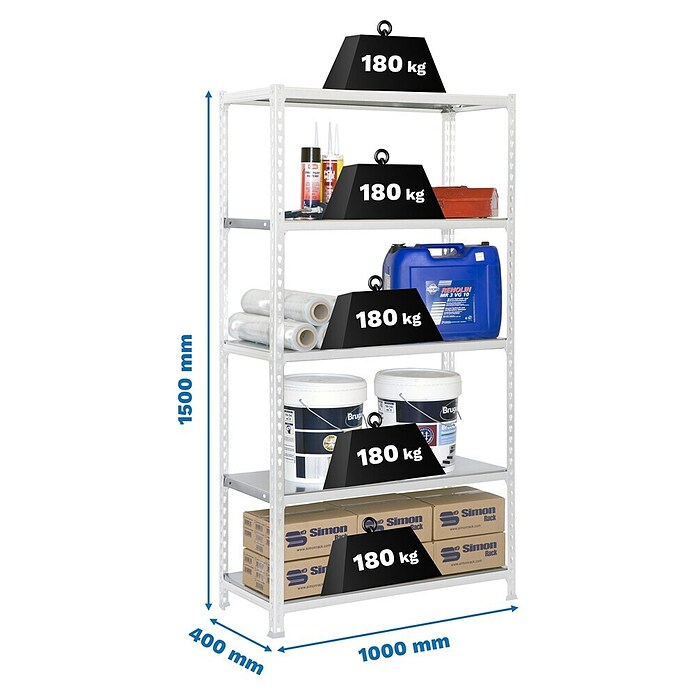 Simonrack Simonclick Estantería metálica (Al x An x Pr: 180 x 90 x 40 cm, Capacidad de carga por balda: 180 kg, Número de baldas: 5 ud., Inserción, Blanco/Galvanizado) | BAUHAUS
