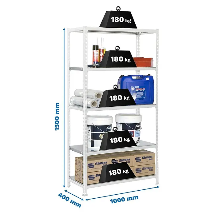Simonrack Simonclick Estantería metálica - Al x An x Pr: 180 x 90 x 40 cm, Capacidad de carga por balda: 180 kg, Número de baldas: 5 ud., Inserción, Blanco/Galvanizado - Estantería metálica blanca, 5 baldas, 1500x1000x400 mm, 180 kg/balda. Almacenamiento resistente.