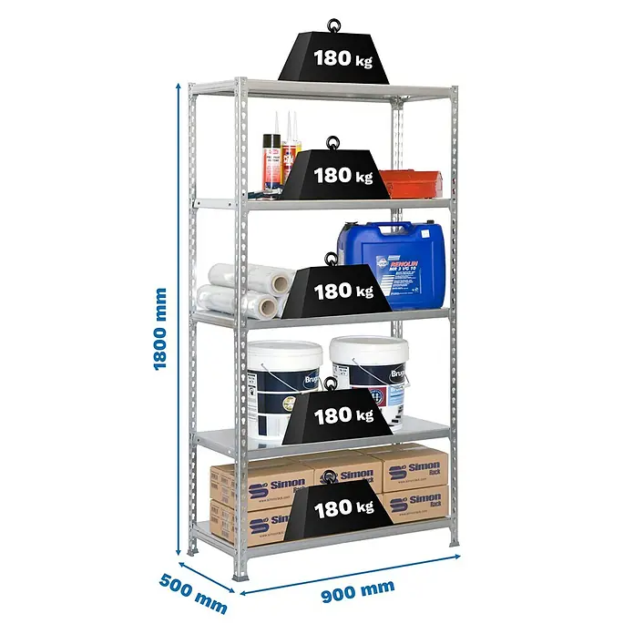 Simonrack Simonclick Estantería metálica - Al x An x Pr: 180 x 90 x 50 cm, Capacidad de carga por balda: 180 kg, Número de baldas: 5 ud., Inserción, Gris/Galvanizado - Estantería metálica galvanizada con 5 baldas, 1800x900x500mm, capacidad de carga 180 kg por balda.