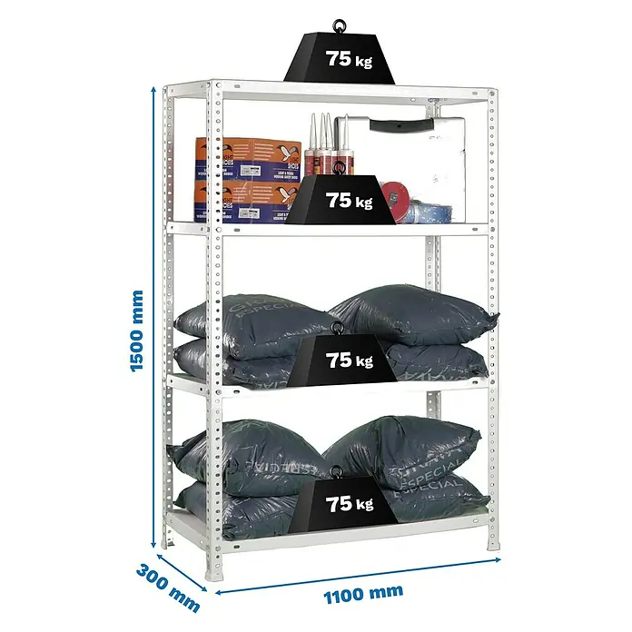 Simonrack Simonclassic Estantería metálica Advantage Superplus - Al x An x Pr: 150 x 110 x 30 cm, Capacidad de carga por balda: 75 kg, Número de baldas: 4 ud., Atornillado, Galvanizado - Estantería metálica blanca de 4 baldas, 1500x1100x300mm, 75 kg por balda. Cargada con cajas y sacos.
