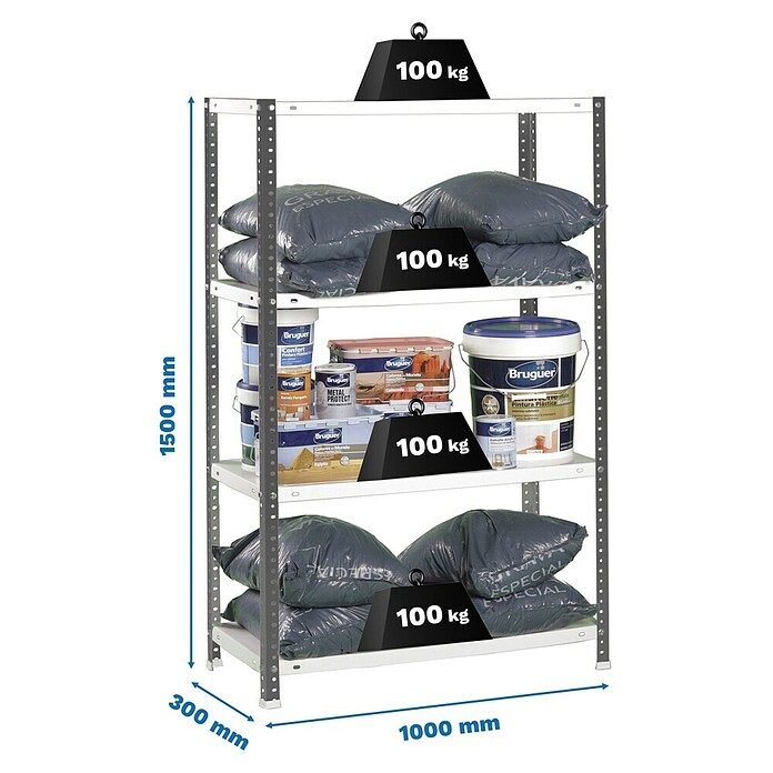 Simonrack Simonclassic Estantería metálica Comfort Plus (Al x An x Pr: 150 x 100 x 30 cm, Capacidad de carga por balda: 100 kg, Número de baldas: 4 ud., Atornillado, Antracita/Blanco) | BAUHAUS