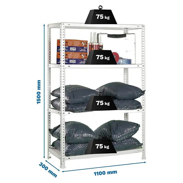 Simonrack Simonclassic Estantería metálica Advantage Superplus - Al x An x Pr: 150 x 110 x 30 cm, Capacidad de carga por balda: 75 kg, Número de baldas: 4 ud., Atornillado, Blanco - Estantería metálica blanca de 4 baldas, 1500x1100x300mm, con capacidad de 75 kg por balda.