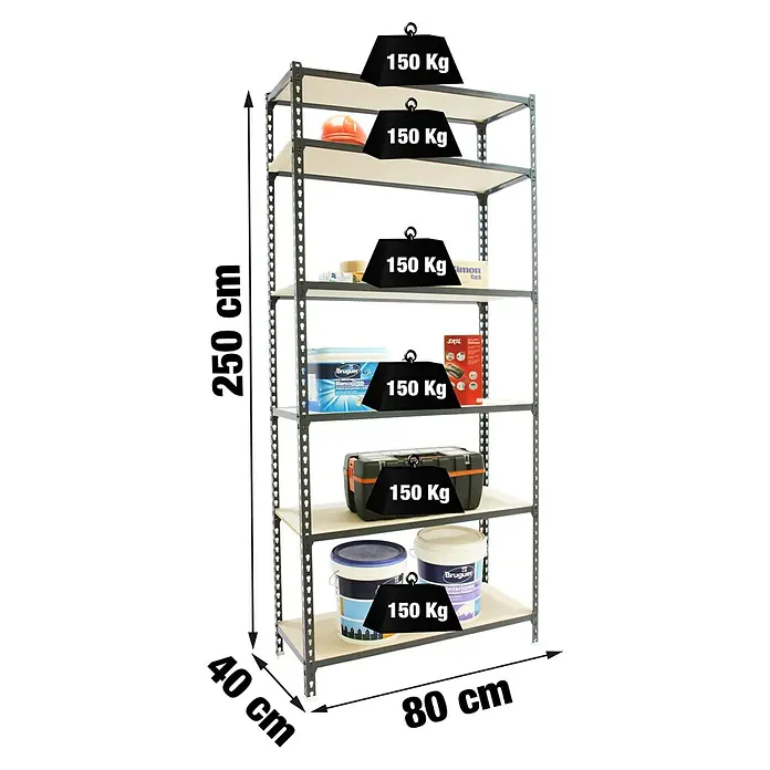 Simonrack Maderclick Metallregal Maderclick Mini - H x B x T: 250 x 80 x 40 cm, Traglast pro Boden: 150 kg, Anzahl Böden: 6 Stk., Stecken, Anthrazitgrau - Schwerlastregal aus Metall mit sechs Böden, 250x80x40cm, jeder Boden trägt 150 kg für robuste Lagerung.