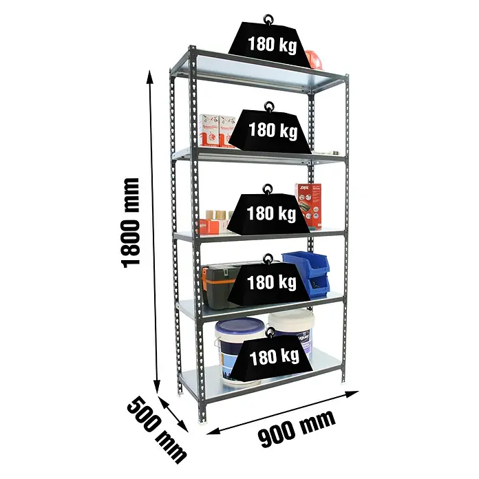 Simonrack Simonclick Metallregal Simonclick Plus - H x B x T: 180 x 90 x 50 cm, Traglast pro Boden: 180 kg, Anzahl Böden: 5 Stk., Stecken, Anthrazit/Weiß - Fünfstöckiges graues Metallregal, 1800x900x500mm, mit 180 kg Traglast pro Boden.
