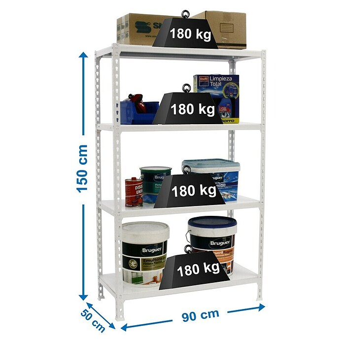 Simonrack Simonclick Estantería metálica (Al x An x Pr: 150 x 90 x 50 cm, Capacidad de carga por balda: 180 kg, Número de baldas: 4 ud., Inserción, Blanco) | BAUHAUS