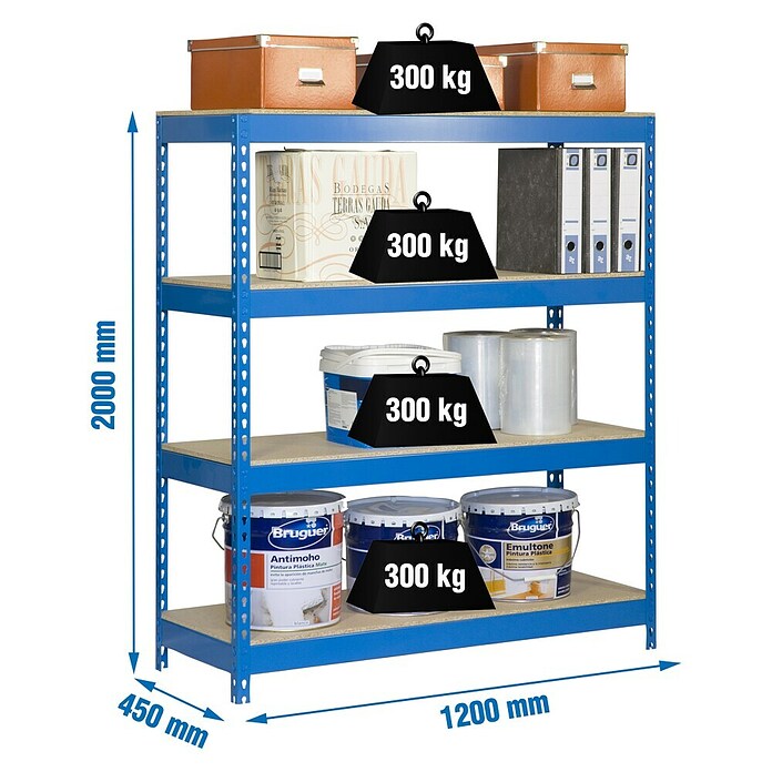 Simonrack Bricoforte Estantería para cargas pesadas Chipboard (Al x An x Pr: 200 x 120 x 45 cm, Capacidad de carga por balda: 300 kg, Número de baldas: 4 ud., Inserción, Azul) | BAUHAUS