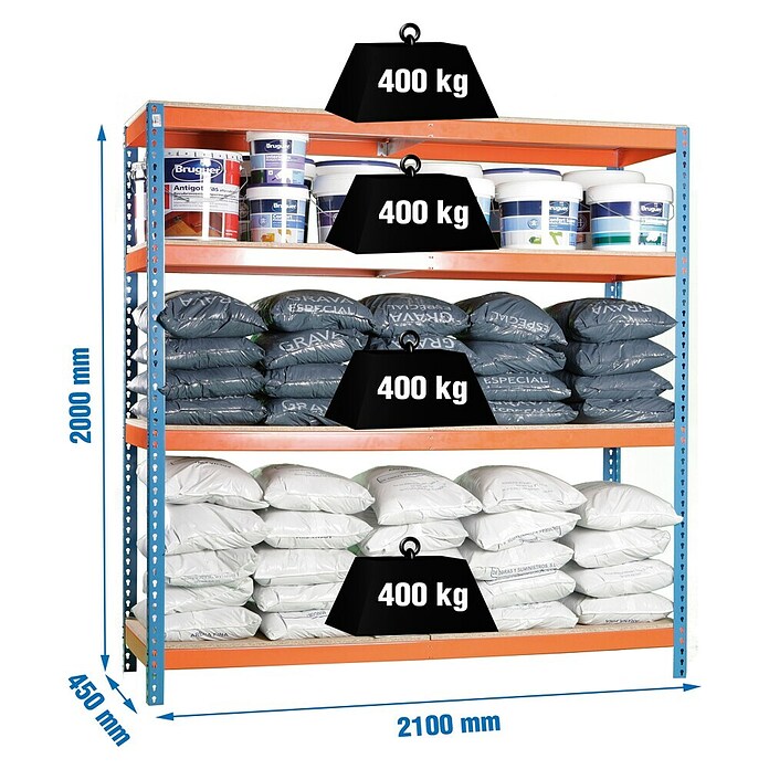 Simonrack Simontaller Estantería para cargas pesadas Chipboard (Al x An x Pr: 200 x 150 x 45 cm, Capacidad de carga por balda: 300 kg, Número de baldas: 4 ud., Inserción, Azul/Naranja) | BAUHAUS
