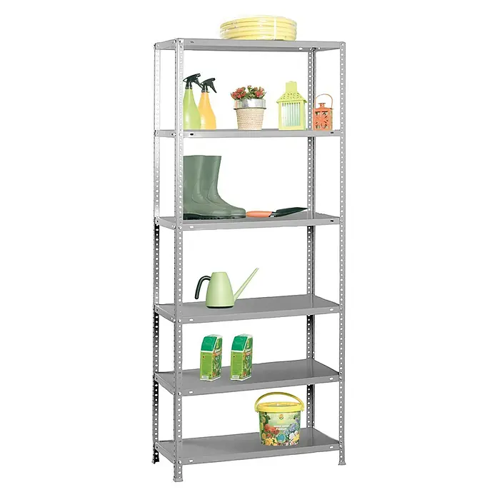 Simonrack Simonclassic Estantería metálica Advantage Plus - Al x An x Pr: 200 x 100 x 40 cm, Capacidad de carga por balda: 75 kg, Número de baldas: 6 ud., Atornillado, Gris - Estantería metálica gris con botas de jardinería, pulverizadores, regadera, abono y manguera.