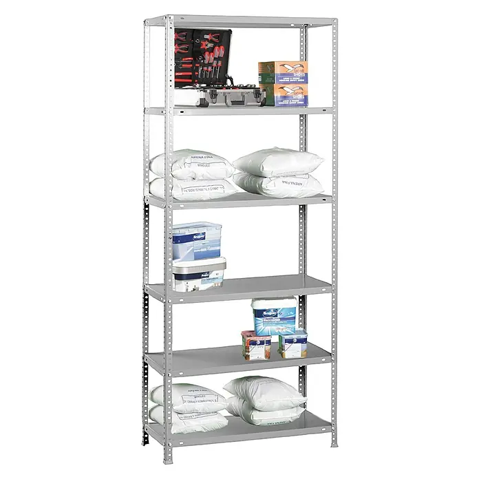 Simonrack Simonclassic Estantería metálica Comfort Mini - Al x An x Pr: 200 x 80 x 40 cm, Capacidad de carga por balda: 100 kg, Número de baldas: 6 ud., Atornillado, Gris - Estantería metálica gris con varios estantes, que contiene herramientas, sacos de arena, botes de pintura y zapatos de trabajo.