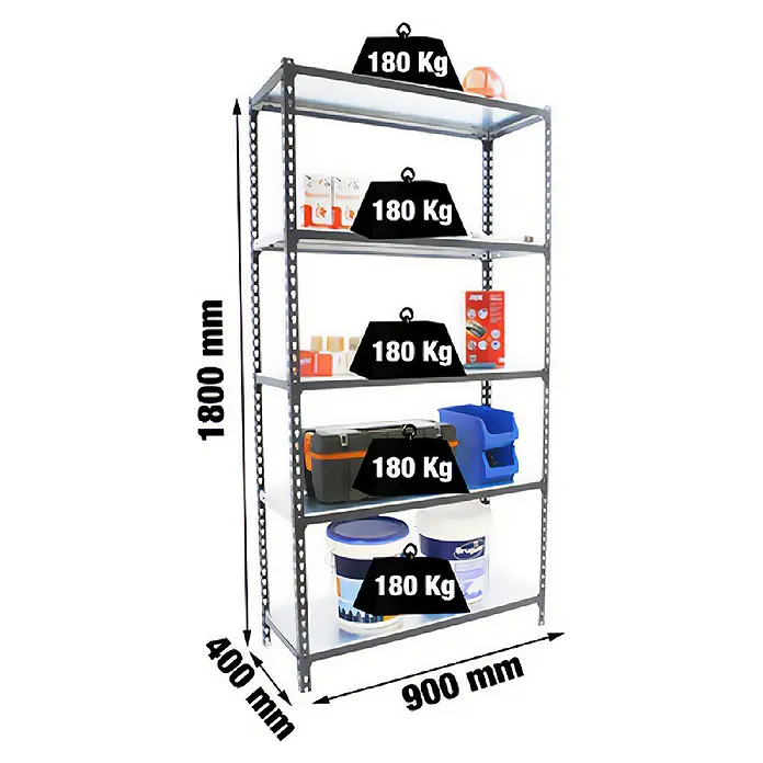 Simonrack Simonclick Metallregal Simonclick Plus - H x B x T: 180 x 90 x 40 cm, Traglast pro Boden: 180 kg, Anzahl Böden: 5 Stk., Stecken, Anthrazitgrau - Schwerlast-Metallregal mit fünf Böden, 1800x900x400mm, jeder Boden trägt 180 kg.