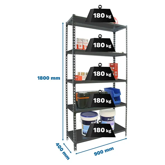 Simonrack Simonclick Metallregal Simonclick Plus - H x B x T: 180 x 90 x 40 cm, Traglast pro Boden: 180 kg, Anzahl Böden: 5 Stk., Stecken, Anthrazit/Anthrazit - Dunkelgraues Metallregal, 1800x900x400 mm, mit 5 Böden, jeder 180 kg tragend.