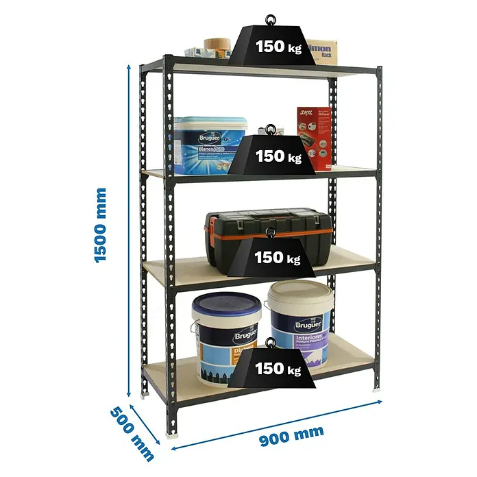 Simonrack Maderclick Metallregal Maderclick - H x B x T: 150 x 90 x 50 cm, Traglast pro Boden: 150 kg, Anzahl Böden: 4 Stk., Stecken, Anthrazitgrau - Schwarzes Metallregal mit 5 Holzablagen, 1500x900x500mm, zeigt 150 kg Traglast pro Ablage.