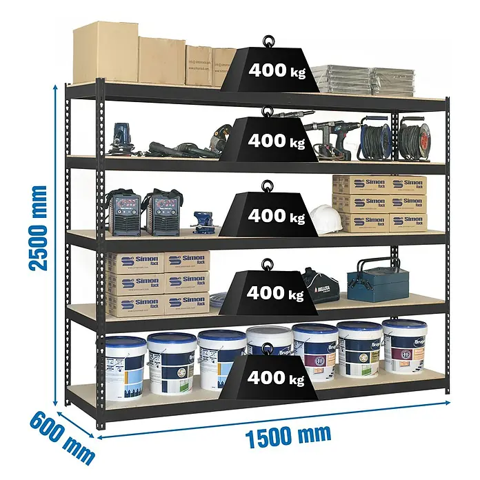 Simonrack Ecoforte Estantería para cargas pesadas Chipboard - Al x An x Pr: 250 x 150 x 60 cm, Capacidad de carga por balda: 400 kg, Número de baldas: 5 ud., Inserción, Antracita/Madera - Estantería metálica negra de 5 estantes, 2500x1500x600 mm, 400 kg de carga por estante.