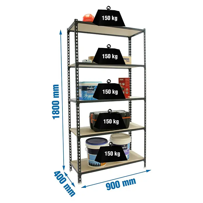 Simonrack Maderclick Metallregal Maderclick - H x B x T: 180 x 90 x 40 cm, Traglast pro Boden: 150 kg, Anzahl Böden: 5 Stk., Stecken, Anthrazitgrau - Dunkelgraues 5-Boden Metallregal, 1800x900x400mm, mit hellen Böden, jeder 150 kg tragend.