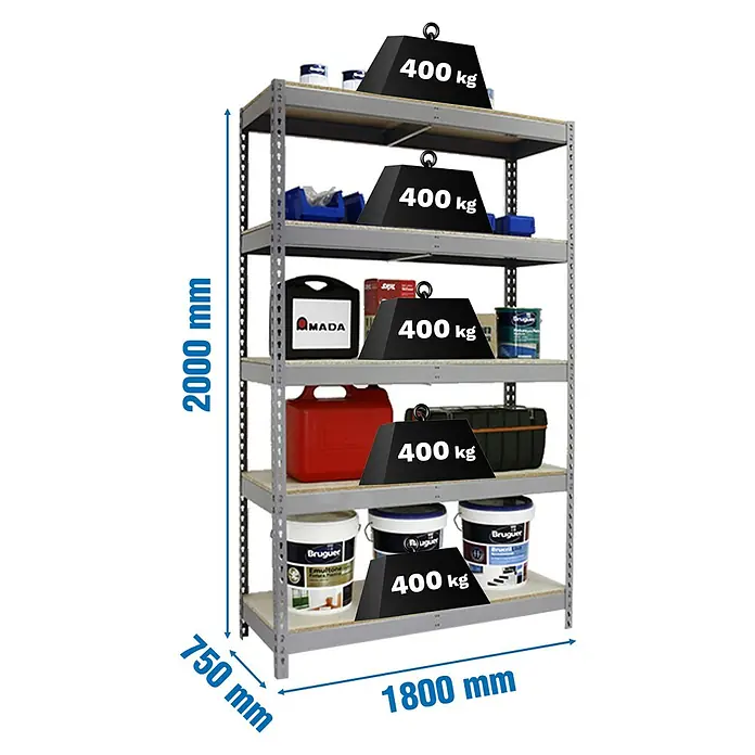 Simonrack Ecoforte Estantería para cargas pesadas Chipboard - Al x An x Pr: 200 x 180 x 75 cm, Capacidad de carga por balda: 400 kg, Número de baldas: 5 ud., Inserción, Gris/Madera - Estantería metálica gris con 5 baldas de madera, capacidad 400kg por balda. Al2000xAn1800xF750mm.