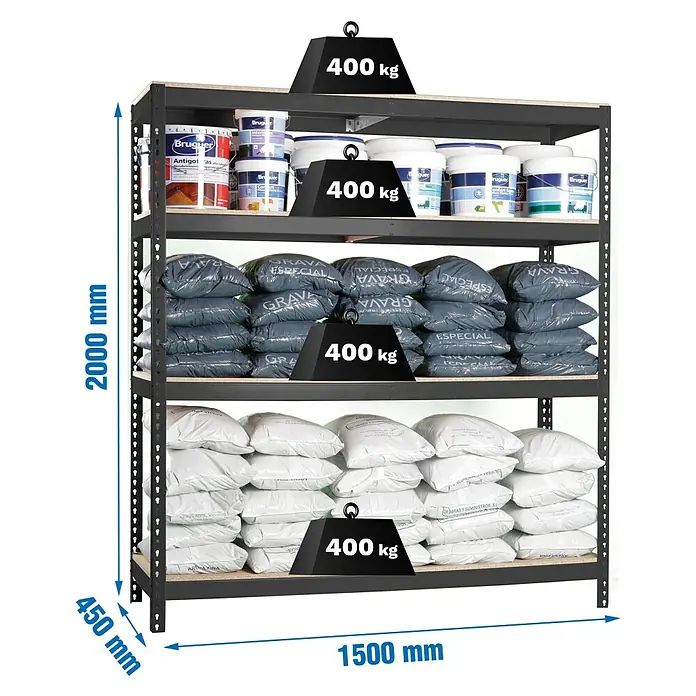 Simonrack Ecoforte Estantería para cargas pesadas Chipboard - Al x An x Pr: 200 x 150 x 45 cm, Capacidad de carga por balda: 400 kg, Número de baldas: 4 ud., Inserción, Antracita/Madera - Estantería metálica negra resistente con estantes de madera, 2000x1500x450 mm, 400 kg de carga por estante.