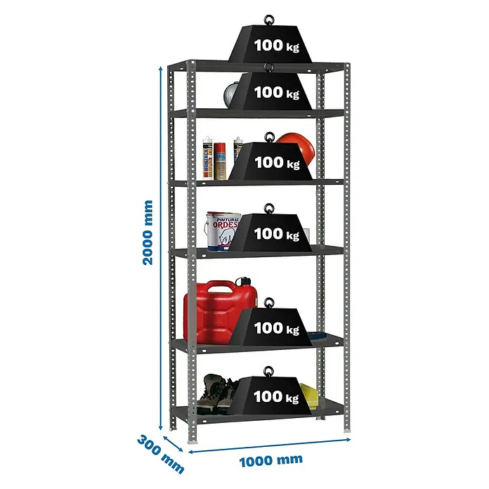 Simonrack Simonclassic Estantería metálica Comfort Plus - Al x An x Pr: 200 x 100 x 30 cm, Capacidad de carga por balda: 100 kg, Número de baldas: 6 ud., Atornillado, Antracita - Estantería metálica gris con 6 baldas, 2000x1000x300mm. Cada balda soporta 100 kg, total 600 kg.