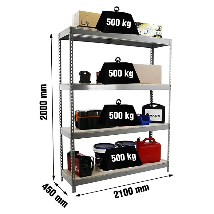 Simonrack Simonforte Estantería para cargas pesadas Chipboard - Al x An x Pr: 200 x 210 x 45 cm, Capacidad de carga por balda: 500 kg, Número de baldas: 4 ud., Inserción, Gris/Madera - Estantería metálica gris resistente, 2000x2100x450mm, con 4 baldas que soportan 500 kg cada una.