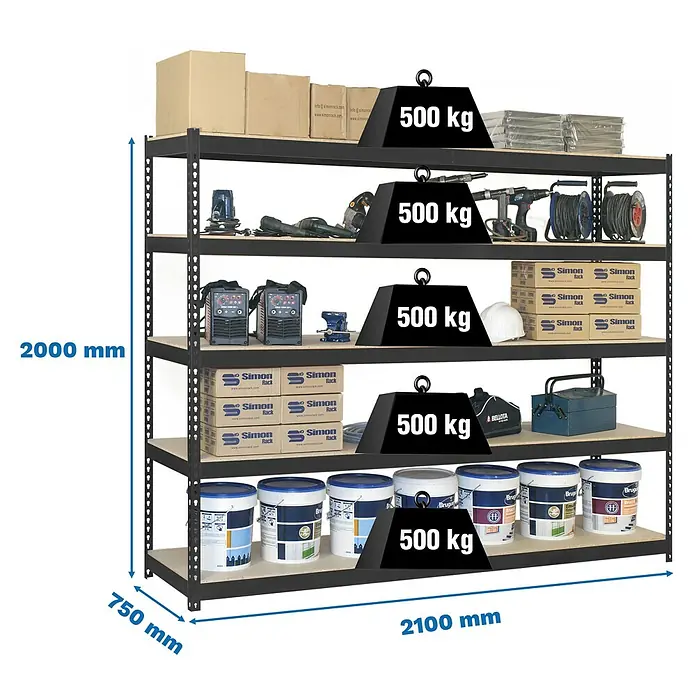 Simonrack Simonforte Estantería para cargas pesadas Chipboard - Al x An x Pr: 200 x 210 x 75 cm, Capacidad de carga por balda: 500 kg, Número de baldas: 5 ud., Inserción, Antracita/Madera - Estantería metálica negra con 5 baldas de madera, 2000x2100x750mm, capacidad de carga 500 kg por balda.
