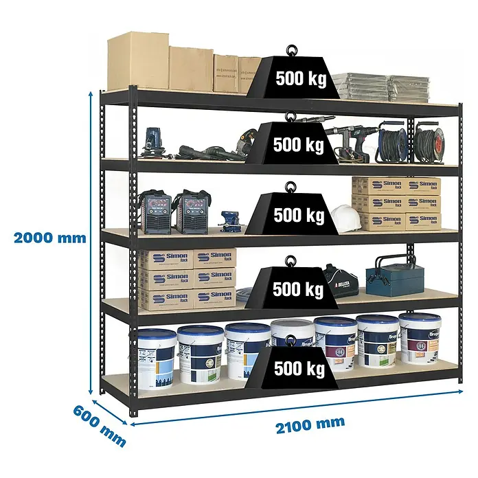 Simonrack Simonforte Estantería para cargas pesadas Chipboard - Al x An x Pr: 200 x 210 x 60 cm, Capacidad de carga por balda: 500 kg, Número de baldas: 5 ud., Inserción, Antracita/Madera - Estantería metálica resistente negra con estantes de madera (2000x2100x600mm), con capacidad de 500 kg por estante.