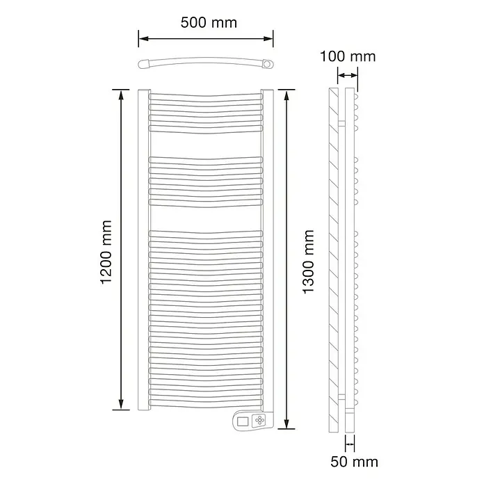 Rointe Radiador toallero eléctrico Sygma - An x Al: 50 x 130 cm, 500 W, Blanco - Boceto de toallero calentador, dimensiones 1200 x 500 mm. El diseño presenta un perfil delgado con una distancia de 100 mm de la pared.