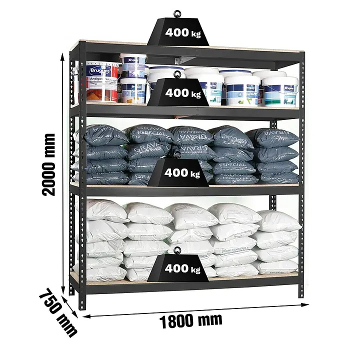 Simonrack Ecoforte Estantería para cargas pesadas Chipboard - Al x An x Pr: 200 x 180 x 75 cm, Capacidad de carga por balda: 400 kg, Número de baldas: 4 ud., Inserción, Antracita/Madera - Estantería metálica negra de alta resistencia con cuatro baldas de madera. Medidas: 2000x1800x750mm. Cada balda soporta 400kg.