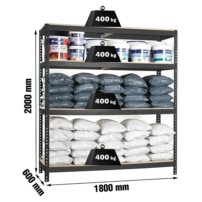 Simonrack Ecoforte Estantería para cargas pesadas Chipboard - Al x An x Pr: 200 x 180 x 60 cm, Capacidad de carga por balda: 400 kg, Número de baldas: 4 ud., Inserción, Antracita/Madera - Estantería metálica negra con baldas de madera, 2000x1800x600 mm, 400 kg por balda.