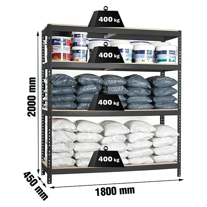 Simonrack Ecoforte Estantería para cargas pesadas Chipboard - Al x An x Pr: 200 x 180 x 45 cm, Capacidad de carga por balda: 400 kg, Número de baldas: 4 ud., Inserción, Antracita/Madera - Estantería metálica negra con 4 baldas de madera, 2000x1800x450 mm, cada balda soporta 400 kg. Cargada con pintura y sacos.