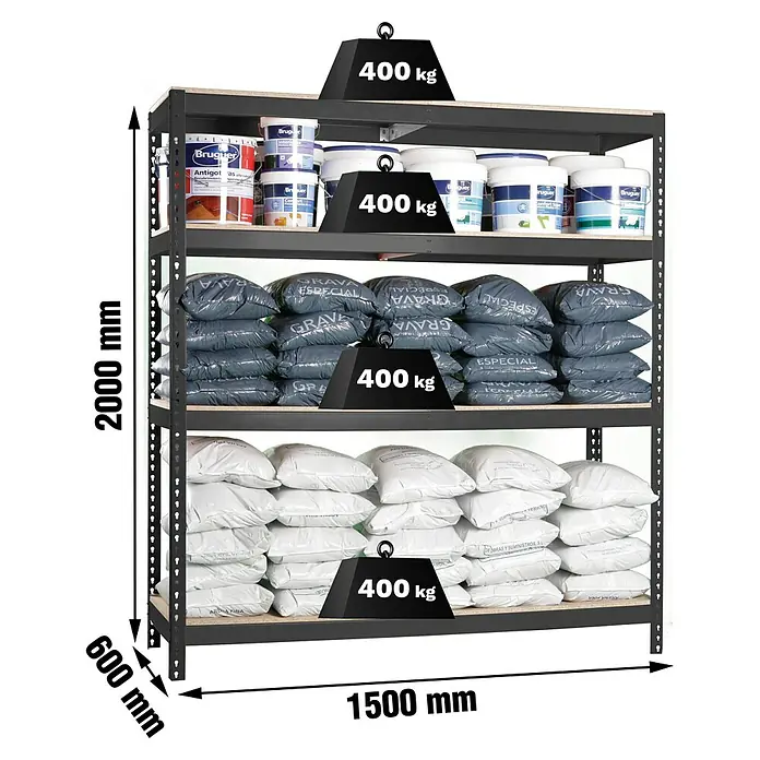 Simonrack Ecoforte Estantería para cargas pesadas Chipboard - Al x An x Pr: 200 x 150 x 60 cm, Capacidad de carga por balda: 400 kg, Número de baldas: 4 ud., Inserción, Antracita/Madera - Estantería metálica negra con 5 baldas de madera, 2000x1500x600mm. Cada balda soporta 400kg. Cargada con pintura y sacos de material.