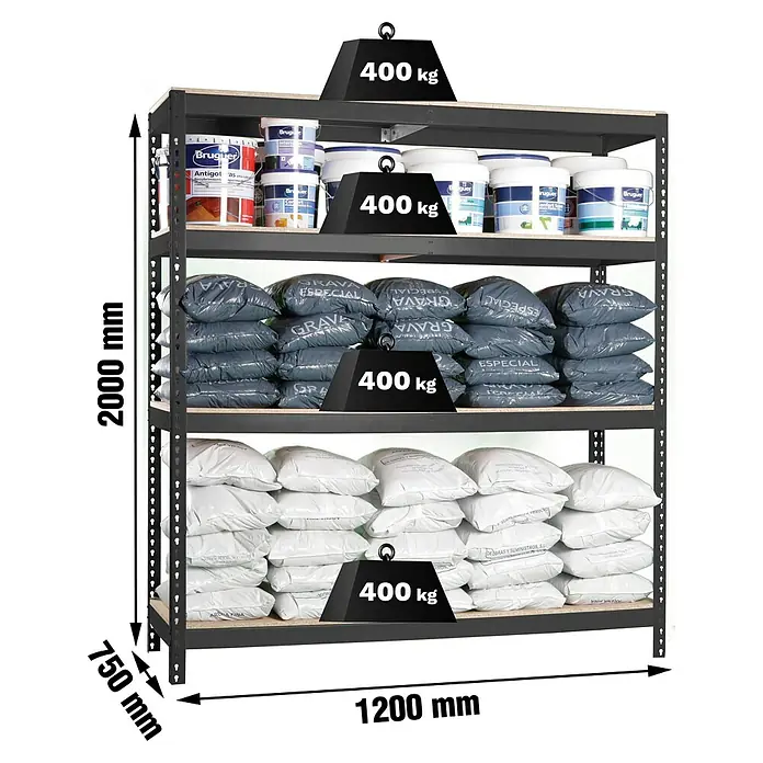Simonrack Ecoforte Estantería para cargas pesadas Chipboard - Al x An x Pr: 200 x 120 x 75 cm, Capacidad de carga por balda: 400 kg, Número de baldas: 4 ud., Inserción, Antracita/Madera - Estantería metálica negra con 4 baldas de madera, 400 kg de carga por balda. Medidas: 2000x1200x750 mm.