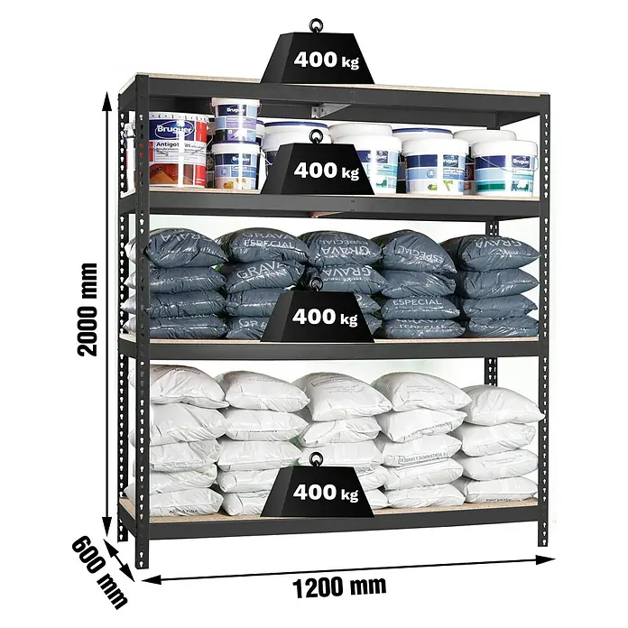 Simonrack Ecoforte Estantería para cargas pesadas Chipboard - Al x An x Pr: 200 x 120 x 60 cm, Capacidad de carga por balda: 400 kg, Número de baldas: 4 ud., Inserción, Antracita/Madera - Estantería metálica negra de alta resistencia con 4 baldas de madera, cada una soporta 400 kg. Medidas: 2000x1200x600 mm.