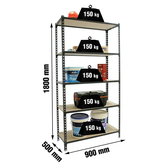 Simonrack Maderclick Metallregal Maderclick - H x B x T: 180 x 90 x 50 cm, Traglast pro Boden: 150 kg, Anzahl Böden: 5 Stk., Stecken, Anthrazitgrau - Dunkelgraues Metallregal mit fünf hellen Holzregalböden, zeigt 150 kg Tragfähigkeit pro Boden. Maße: 1800x900x500 mm.