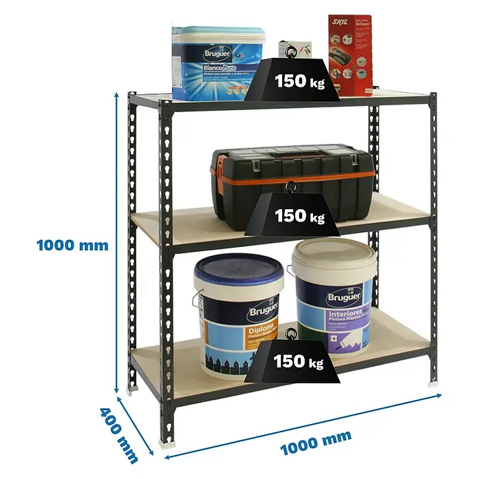 Simonrack Maderclick Metallregal Maderclick Plus - H x B x T: 100 x 100 x 40 cm, Traglast pro Boden: 150 kg, Anzahl Böden: 3 Stk., Stecken, Anthrazitgrau - Schwarzes Metallregal mit 3 Holzregalböden, 1000x400x1000 mm, 150 kg Tragkraft pro Boden, bestückt mit Farbe und Werkzeug.