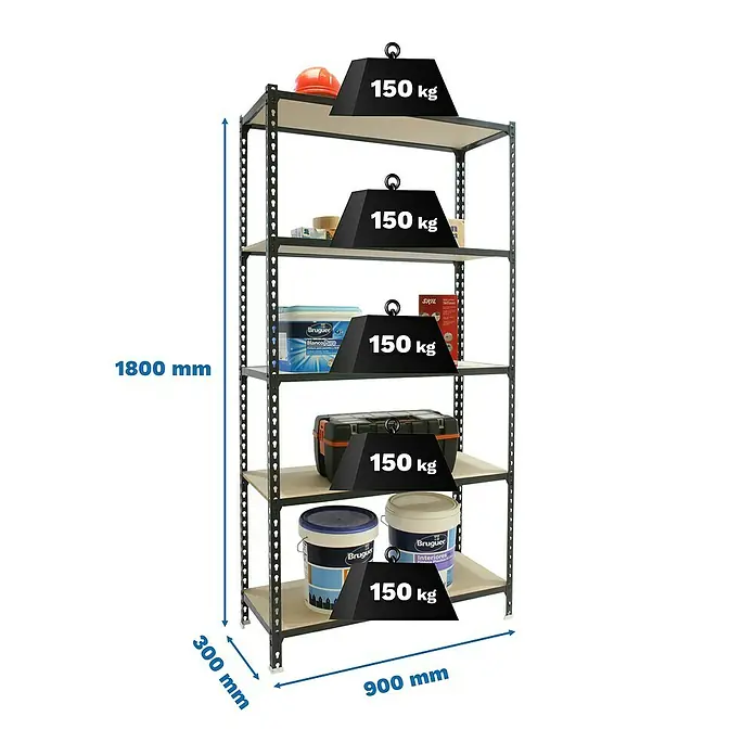 Simonrack Maderclick Metallregal Maderclick - H x B x T: 180 x 90 x 30 cm, Traglast pro Boden: 150 kg, Anzahl Böden: 5 Stk., Stecken, Anthrazitgrau - Schwarzes Metallregal mit 5 Holzablagen, 1800x900x300mm. Jede Ablage trägt 150 kg für schwere Lasten.