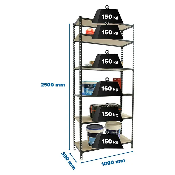 Simonrack Maderclick Metallregal Maderclick Plus - H x B x T: 250 x 100 x 30 cm, Traglast pro Boden: 150 kg, Anzahl Böden: 6 Stk., Stecken, Anthrazitgrau - Schwarzmetall-Regal mit 6 Böden, 2500x1000x300mm, Tragkraft 150 kg pro Boden.