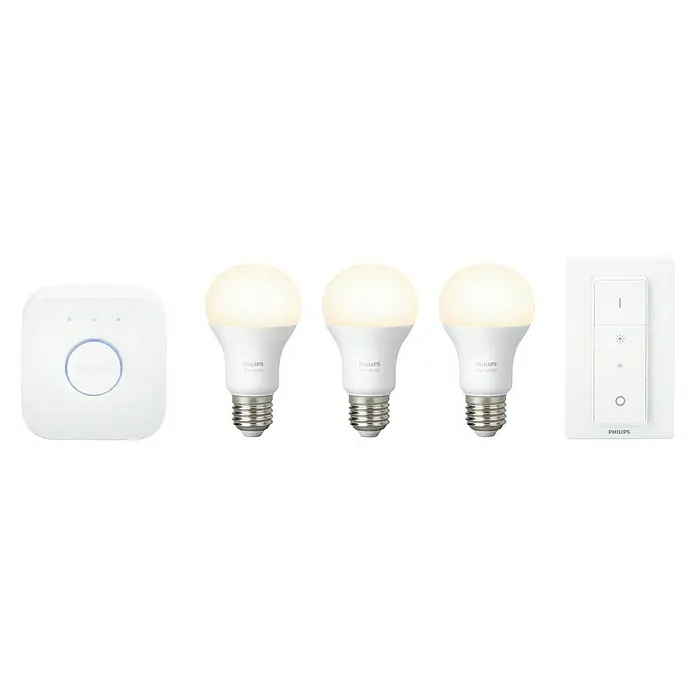 Philips Hue Set de bombillas LED - E27, Capacidad de atenuación: Intensidad regulable, Blanco cálido, 2.478 lm, 9 W, 3 ud. - Kit de inicio Philips Hue White con tres bombillas, un puente y un regulador de intensidad para iluminación inteligente.