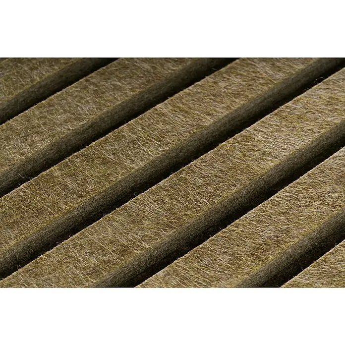 Lautloz Akustikpaneel Coverz - Dunkelgrün, 20 x 240 cm, Textil - Nahaufnahme von gewelltem, faserigem, khakigrünem Isolier- oder Filtermaterial.