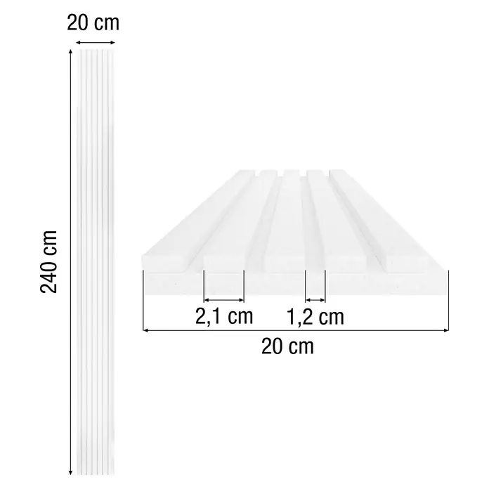 Lautloz Akustikpaneel Coverz - Weiß, 20 x 240 cm, Textil - Weißes Lamellenpaneel, 240 cm lang, 20 cm breit, mit 2,1 cm breiten Lamellen und 1,2 cm Zwischenräumen.
