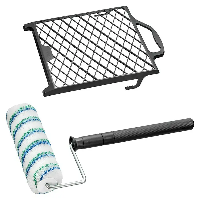 Farbroller-Set Extra-Reach - 3 -tlg. - Farbroller mit weiß-blau-grünem Bezug und schwarzes Farbgitter zum Abstreifen überschüssiger Farbe.