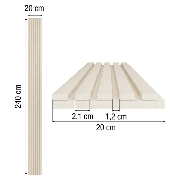 Lautloz Akustikpaneel Coverz - Sand, 20 x 240 cm, Textil - Helle beige Akustikfilzplatte, 240x20 cm, mit Rippenmuster (2,1 cm Lamellen, 1,2 cm Zwischenräume).