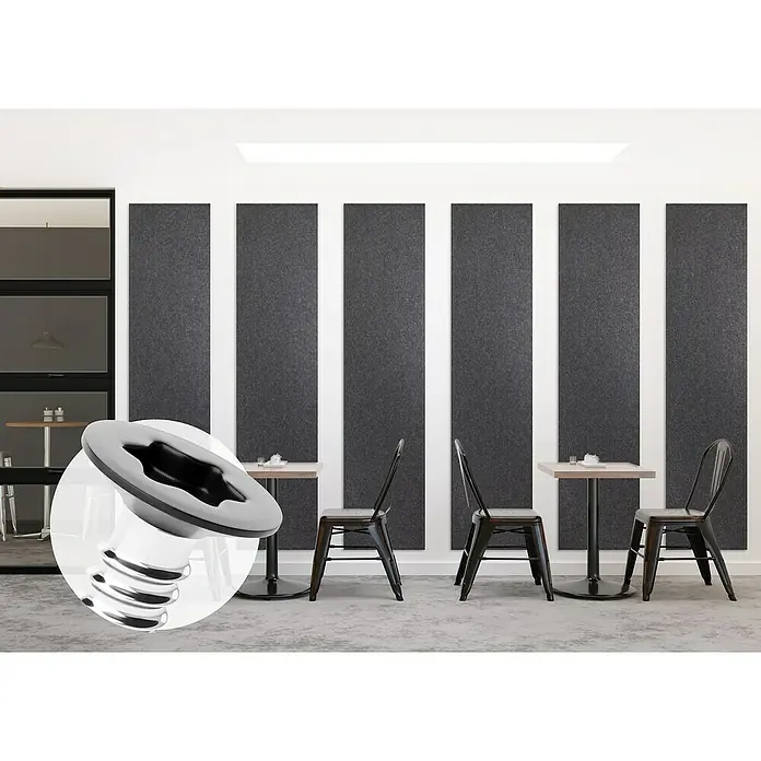 Lautloz Akustikpaneel Panelz - Anthrazit, 240 x 55 x 0,9 cm, 100 % Polyester - Silberne Metallschraube mit einzigartigem, unregelmäßig geformtem schwarzem Antrieb und sichtbarem Schaft mit breiten, polierten Ringen.
